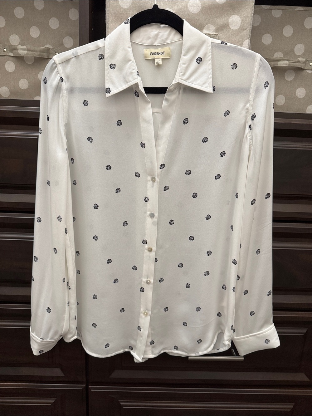 L'AGENCE ivory Sheer Button-Up Blouse with rose  Dot Floral Motif